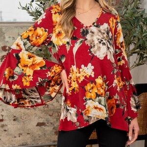 Sew In Love Burgundy Floral Bell Sleeve Blouse